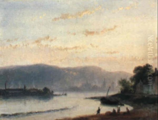 A Hilly River Landscape With Figures In The Foreground Oil Painting by Andreas Schelfhout