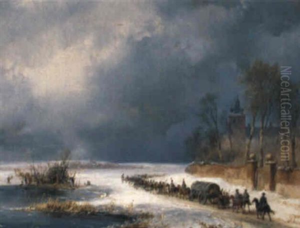 Soldiers Travelling In A Winter Landscape Oil Painting by Andreas Schelfhout