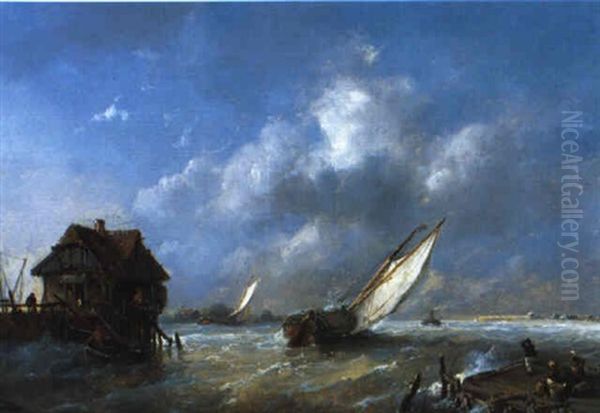 Ausfahrt Bei Sturmischer See Oil Painting by Andreas Schelfhout