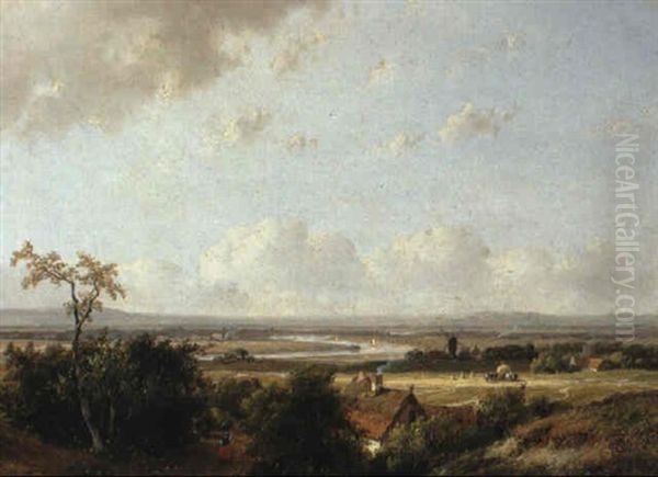 Extensive River Landscape With Peasants Harvesting Oil Painting by Andreas Schelfhout