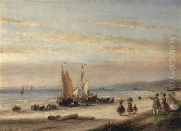 Fishermen And Anchored Sailing Vessels On A Beach Oil Painting by Andreas Schelfhout