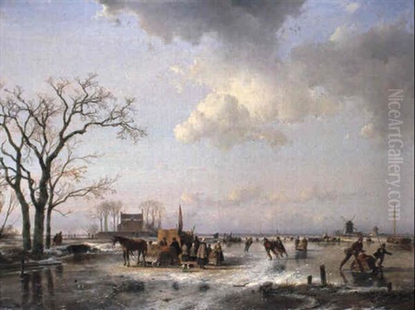 A Winter Landscape With Peasants And Skaters On Frozen Waterway Oil Painting by Andreas Schelfhout