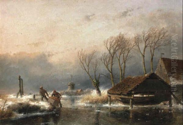 A Winter Landscape With Peasants Pushing A Sledge Oil Painting by Andreas Schelfhout