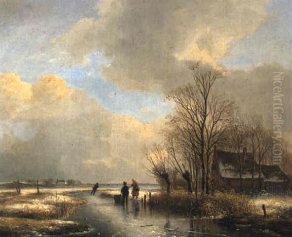 Winter Landscape With Skaters On A Frozen Ditch Oil Painting by Andreas Schelfhout