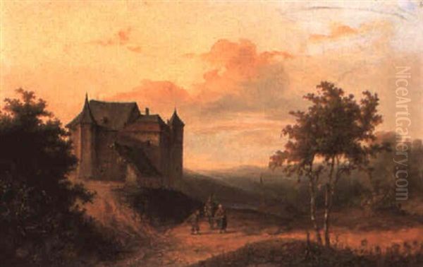 Countryfolk By A Castle Oil Painting by Andreas Schelfhout