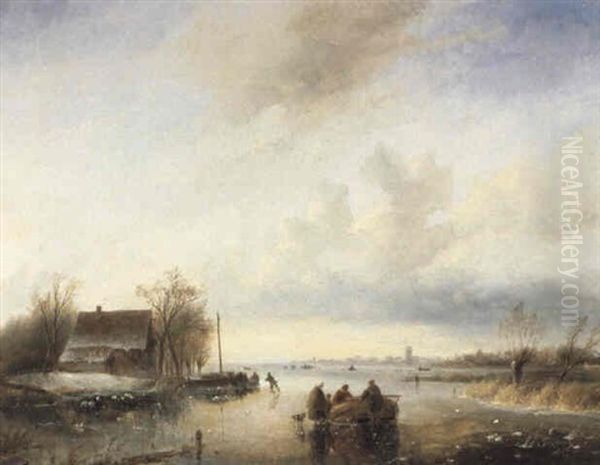 On A Frozen Lake Oil Painting by Andreas Schelfhout