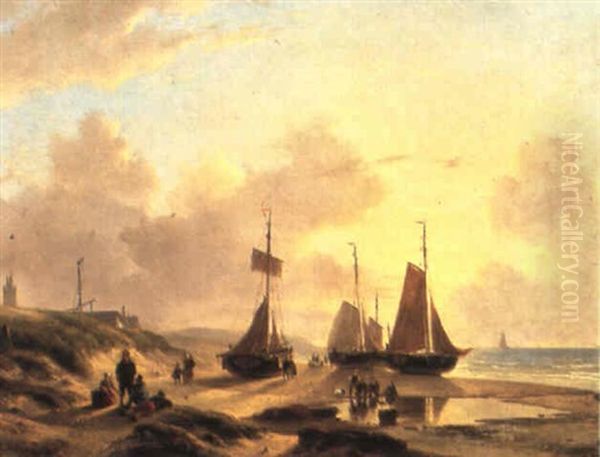 A Coastal Scene With Fisherfolk And Beached 'bomschuiten' Oil Painting by Andreas Schelfhout