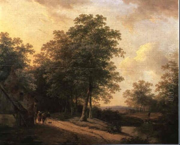 Figures Before A Cottage In An Extensive Wooded Landscape Oil Painting by Andreas Schelfhout