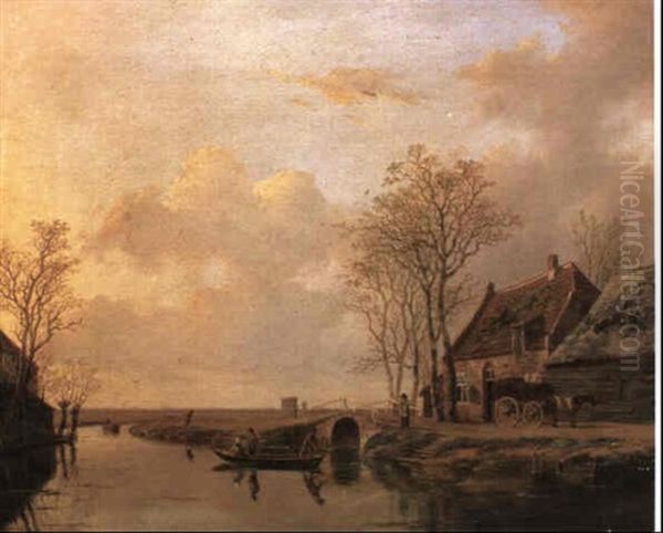 An Extensive River Landscape With Figures In A Boat And Horse And Cart Oil Painting by Andreas Schelfhout