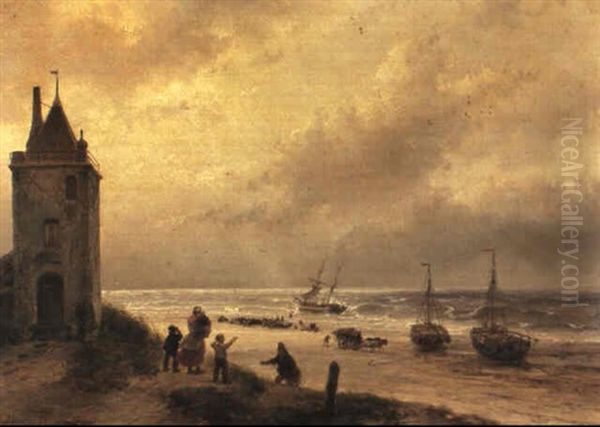 The Return Of The Fishing Fleet Oil Painting by Andreas Schelfhout