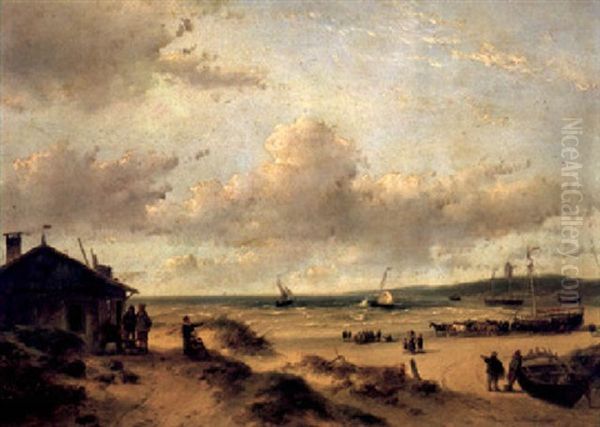 Many Figures And Horses Pulling A Boat On The Beach Oil Painting by Andreas Schelfhout