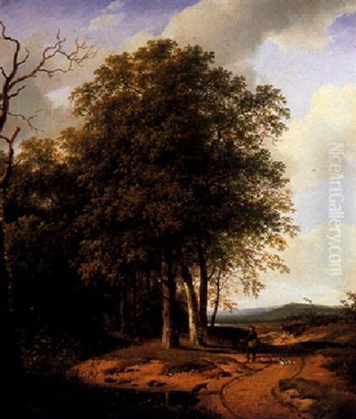 'de Jacht'; Hunters In A Wooded Landscape Oil Painting by Andreas Schelfhout