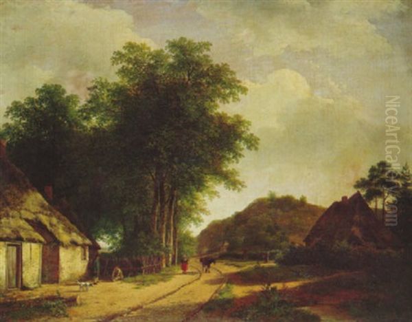 A Summerlandscape With A Peasantwoman And A Donkey On A     Sandy Path Along A Farm Oil Painting by Andreas Schelfhout