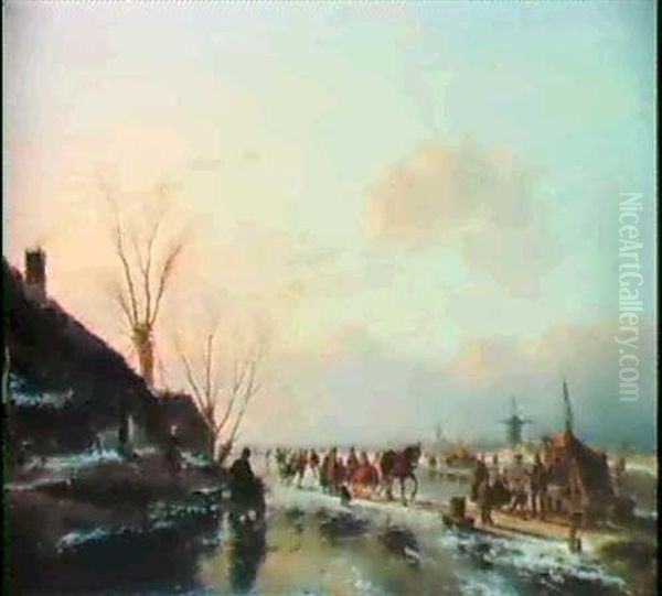 Skaters By A Booth On A Frozenriver Oil Painting by Andreas Schelfhout