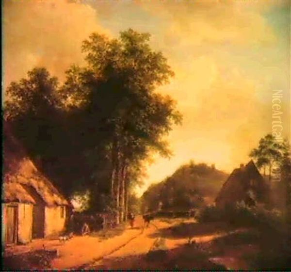 A Summerlandscape With Figuresby A Farmhouse Oil Painting by Andreas Schelfhout