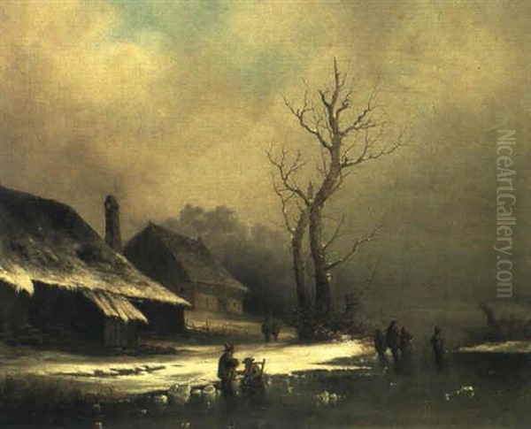 Winterlandschaft Mit Figurenstaffage Oil Painting by Andreas Schelfhout