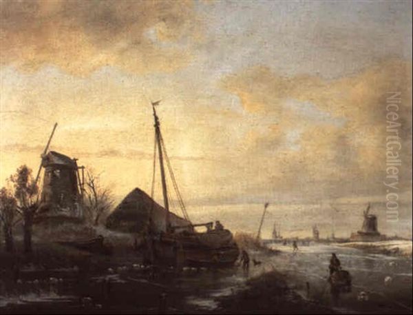 View Of The Vecht In Winter With Skaters In The Distance Oil Painting by Andreas Schelfhout