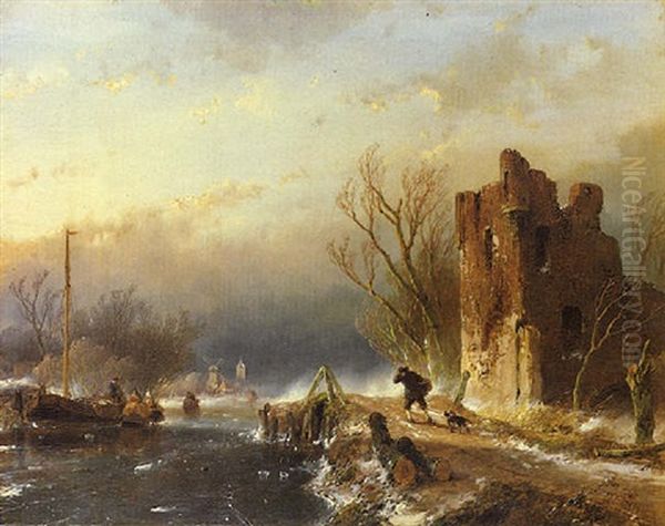 A Winter Landscape With A Traveller On A Path Along A Frozen River By A Ruin Oil Painting by Andreas Schelfhout