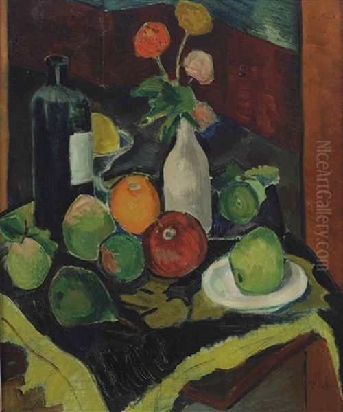 A Still Life With Fruits, Flowers And A Bottle Oil Painting by Lodewijk Schelfhout