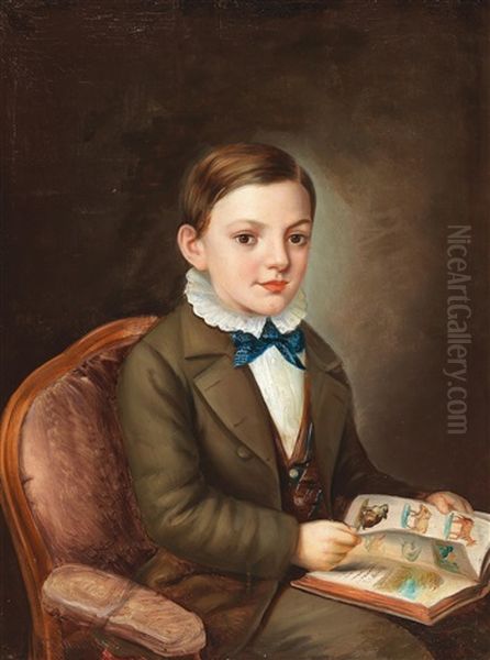 Boy With Picture Book Oil Painting by Carl Schellein