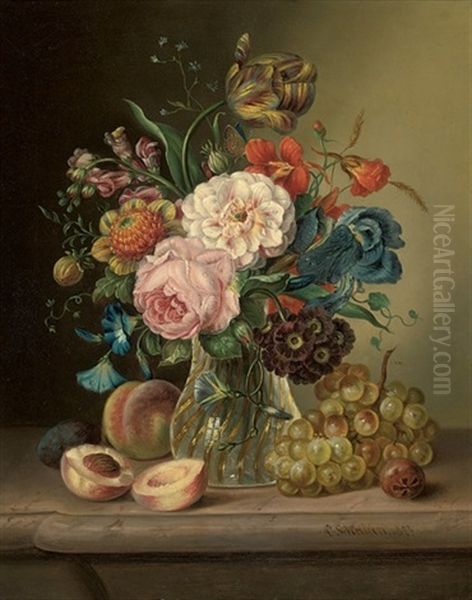 Irises, Tulips, Peonies, And Roses In A Vase On A Ledge With Fruit Oil Painting by Carl Schellein