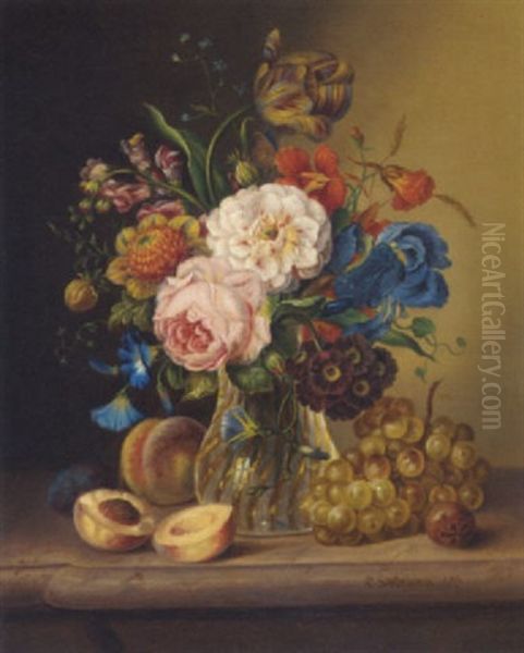 A Vase Of Mixed Flowers On A Marble Ledge Surrounded By Peaches, Grapes And Plums Oil Painting by Carl Schellein