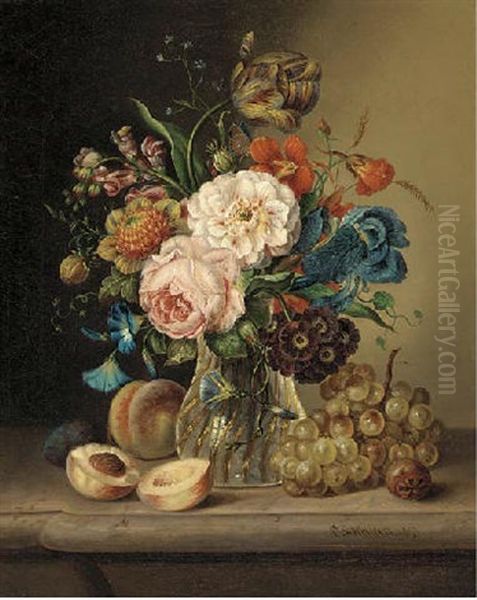 A Vase Of Mixed Flowers On A Marble Ledge Surrounded By Peaches, Grapes And Plums Oil Painting by Carl Schellein