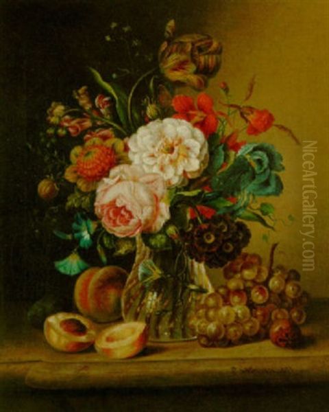 A Still Life With Flowers And Fruit Oil Painting by Carl Schellein