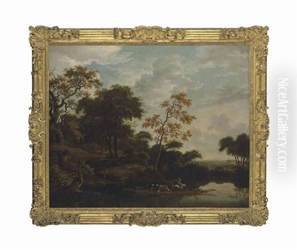 A Wooded River Landscape, With An Elegantly Dressed Man On Horseback And Drovers And Their Cattle Crossing The Water In A Ferryboat Oil Painting by Daniel Schellinks