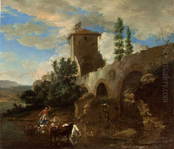 Burgturm Uberragt Eine Flusslandschaft Mit Steinerner Brucke Oil Painting by Willem Schellinks