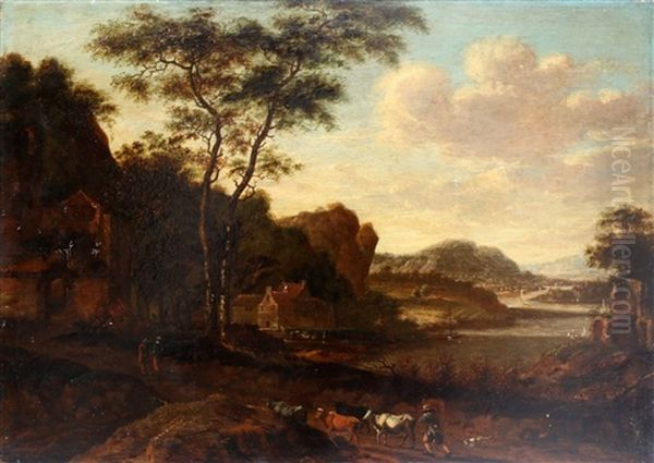 Italianiserend Landschap Met Een Boer En Zijn Vee Op Een Landweg Bij Een Rivier Oil Painting by Willem Schellinks