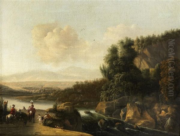 An Extensive River Landscape With Figures Before A Waterfall Oil Painting by Willem Schellinks