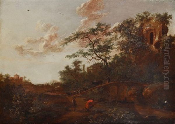 A Wooded River Landscape With A Sportsman Shooting A Heron And A Drover With Cattle And Goats On A Bridge Oil Painting by Willem Schellinks