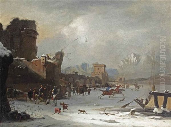 A Winter Landscape With Horsemen Racing And Other Figures On The Frozen Tiber Near The Ponte Molle, Rome Oil Painting by Willem Schellinks