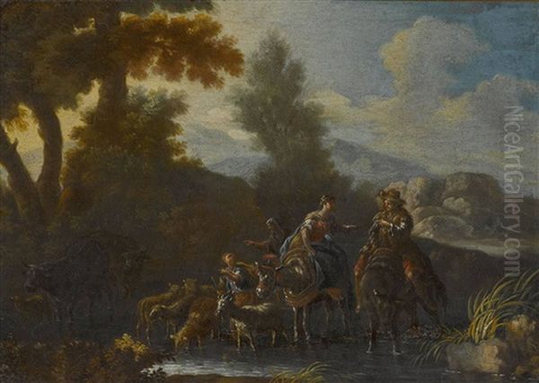 Bauernpaar Zu Pferd Mit Hirten, Schafen Und Einer Ziege Oil Painting by Willem Schellinks