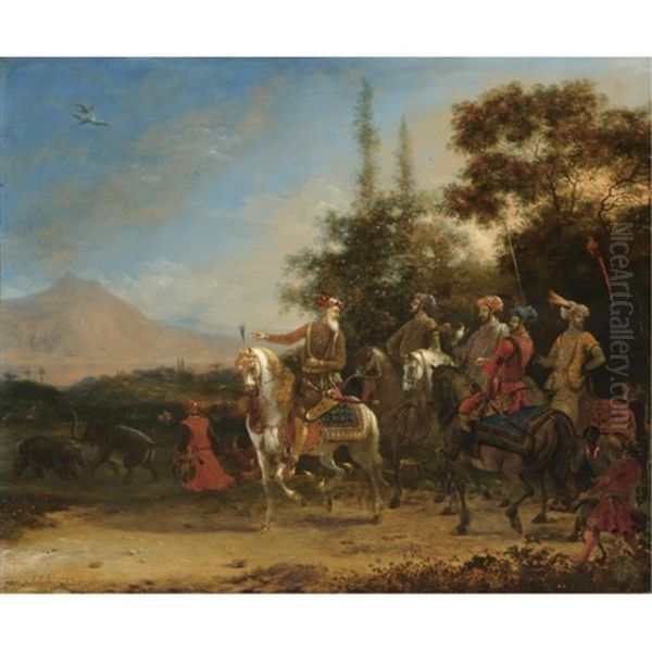 A Hawking Party, An Extensive Landscape Beyond Oil Painting by Willem Schellinks