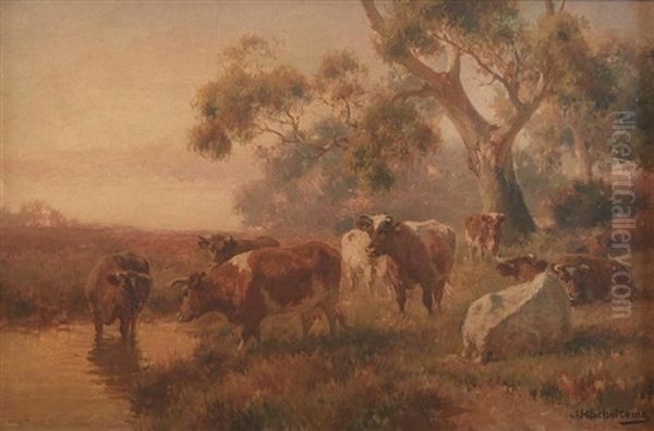 Cattle Beside A Watering Hole Oil Painting by Jan Hendrik Scheltema