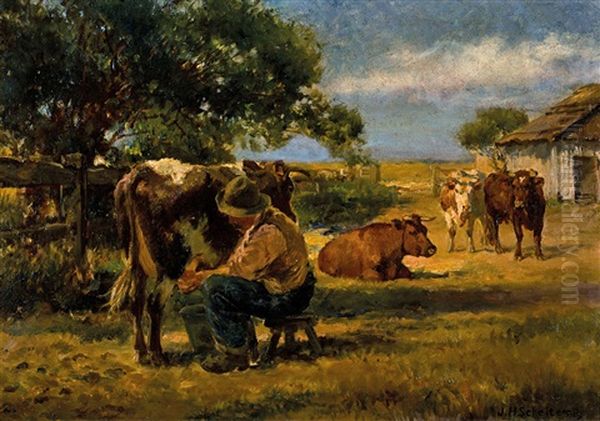 Milking Cows Oil Painting by Jan Hendrik Scheltema