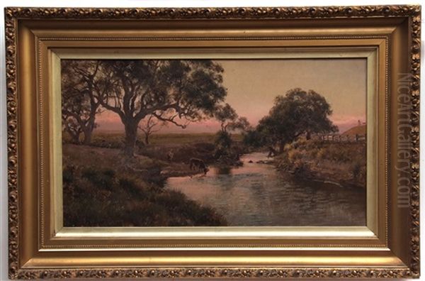 Australian River Landscape With Cattle Watering Oil Painting by Jan Hendrik Scheltema