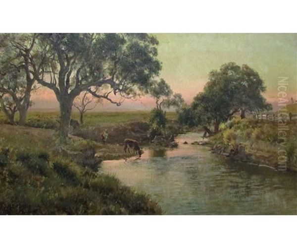 Australian River Landscape With Cattle Watering Oil Painting by Jan Hendrik Scheltema