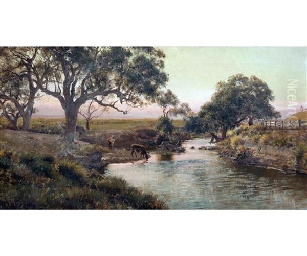 Australian River Landscape With Cattle Watering Oil Painting by Jan Hendrik Scheltema