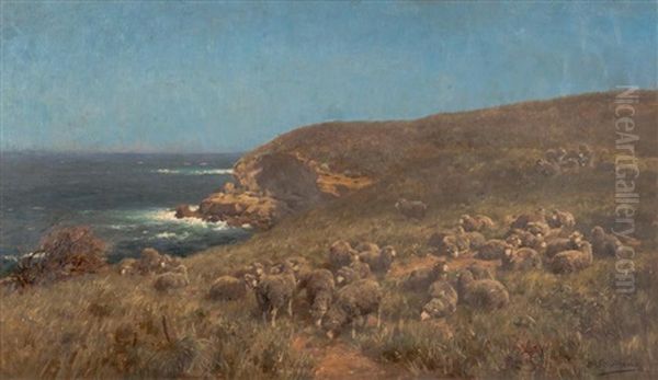 Sheep On The Southern Victorian Coastline Oil Painting by Jan Hendrik Scheltema