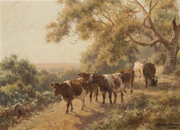 Six Roan Cows On A Bush Track Oil Painting by Jan Hendrik Scheltema