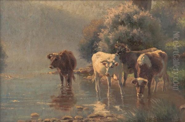 Cattle In A Shallow Creek Oil Painting by Jan Hendrik Scheltema