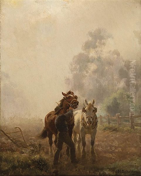 Preparing The Horses Oil Painting by Jan Hendrik Scheltema