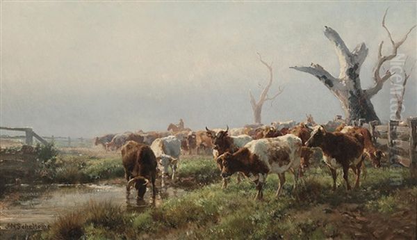 Droving Cattle Oil Painting by Jan Hendrik Scheltema