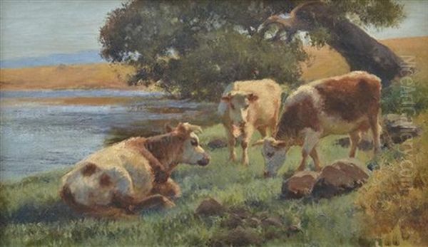 Cattle By The Stream Oil Painting by Jan Hendrik Scheltema