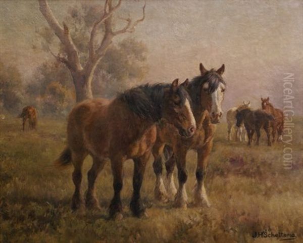 Horses Grazing Oil Painting by Jan Hendrik Scheltema