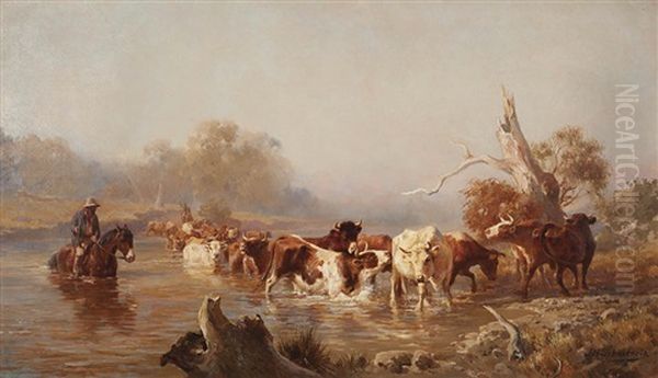 Cattle Crossing Oil Painting by Jan Hendrik Scheltema