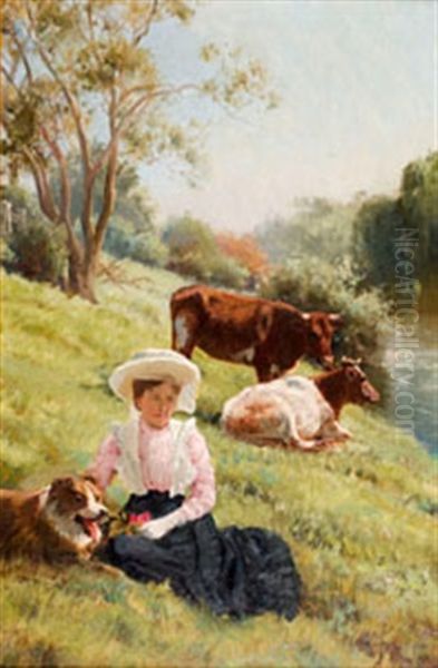 Girl With Dog And Cattle On Riverbank Oil Painting by Jan Hendrik Scheltema